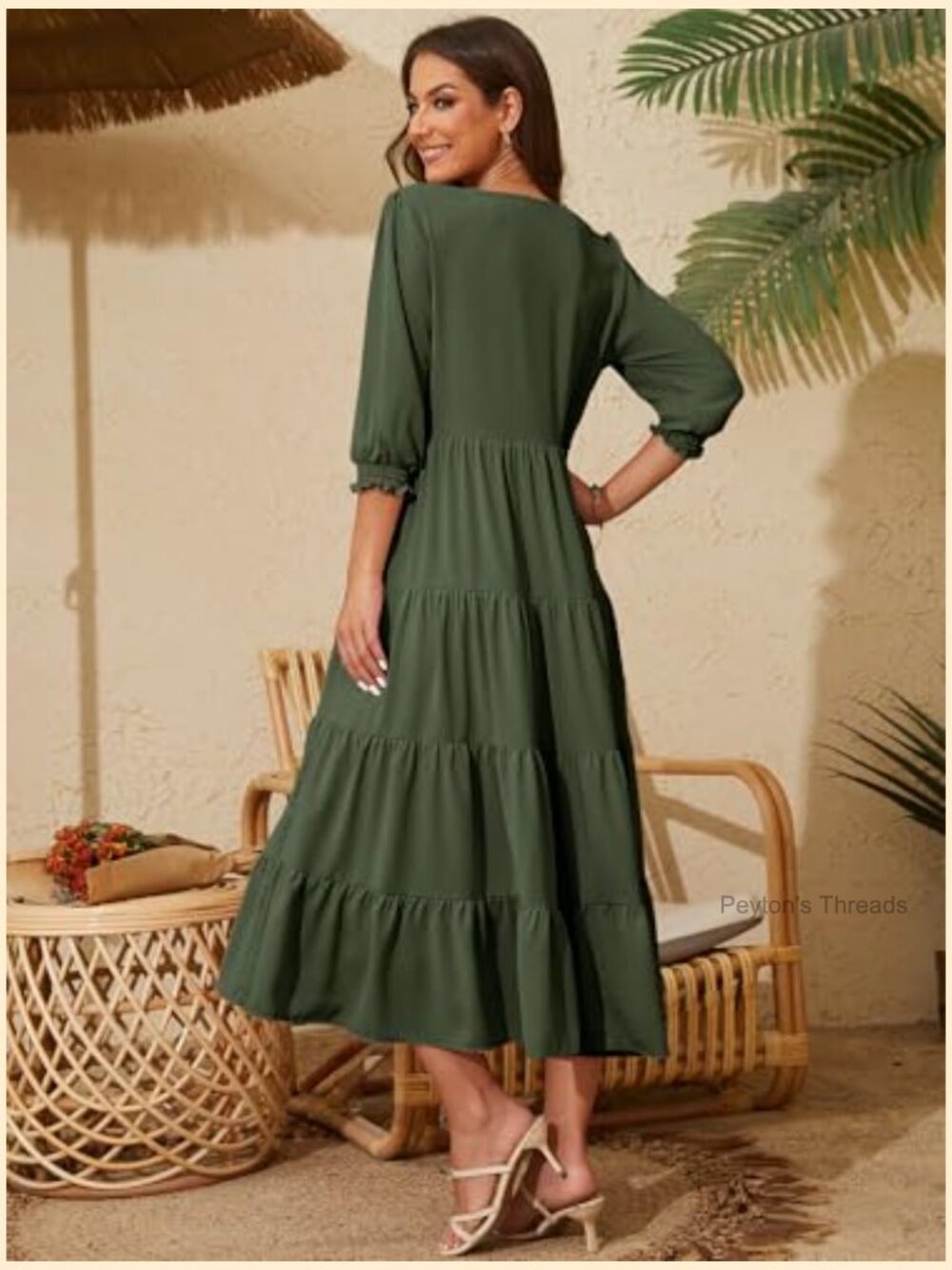 V Neck Boho Midi Dress Puff Sleeve High Waist Floral Smocked Flowy Ruffle - Picture 3 of 6
